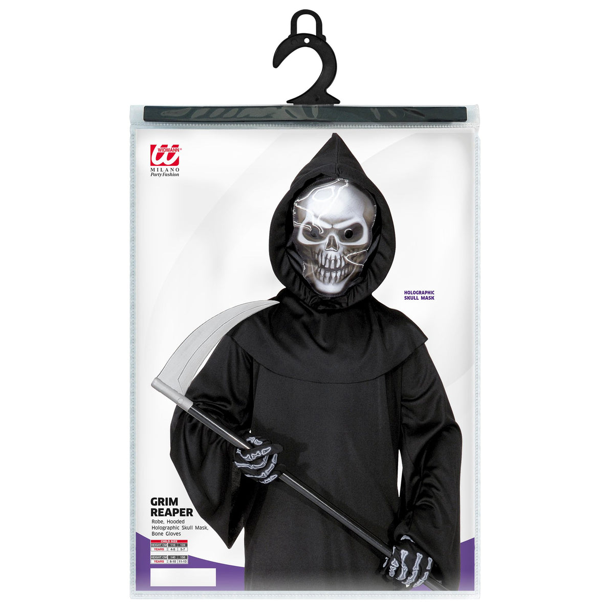 "SENSEMANN" (Robe, holografische Totenkopfmaske mit Kapuze. Knochenhandschuhe)