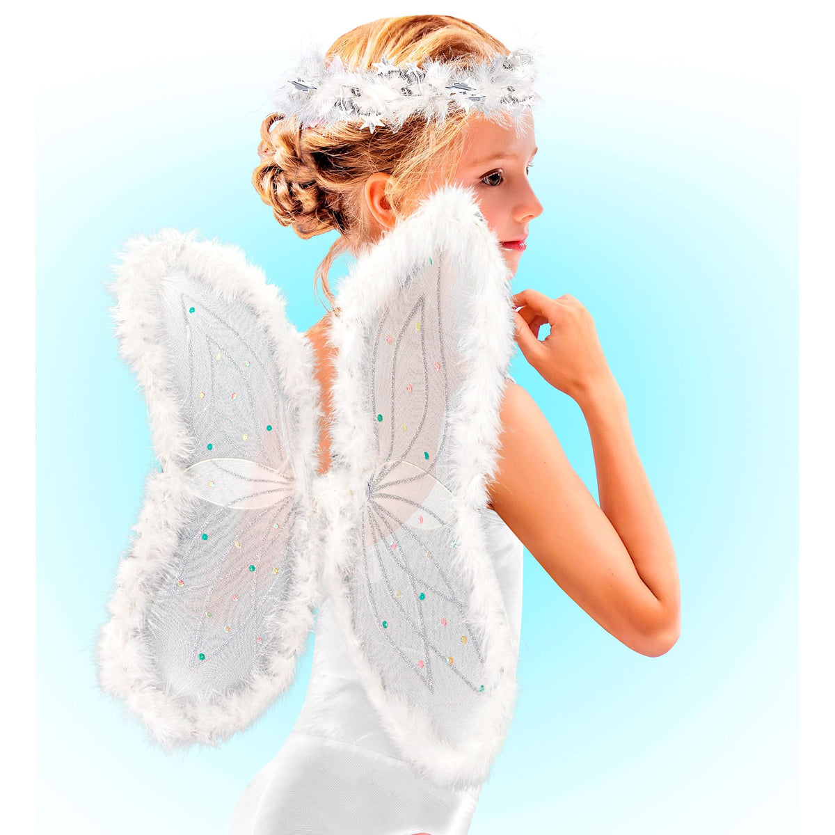 "ENGEL" Set (modellierbare Flügel mit Maraboudekoration und Paillletten, Marabou Heiligenschein)