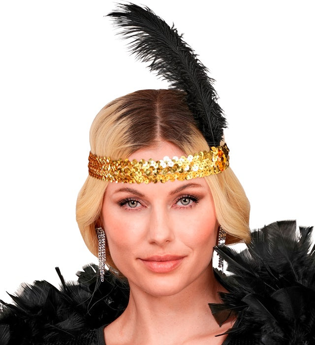 "STIRNBAND THE ROARING 20s AUS PAILLETTEN MIT 2 FEDERN & GOLDENEM EDELSTEIN"