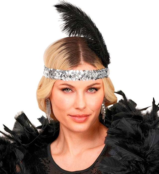 "STIRNBAND THE ROARING 20s AUS PAILLETTEN MIT 2 FEDERN & SILBERNEM EDELSTEIN"