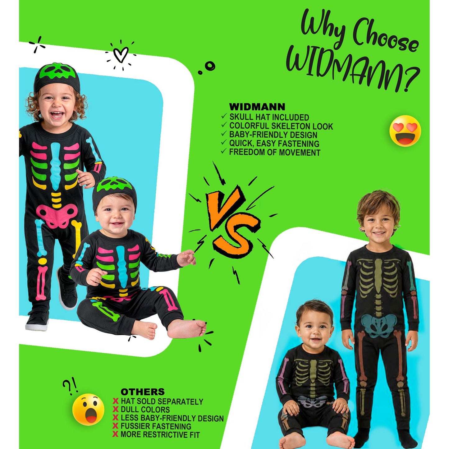Bunter Skelett-Overall für Kinder mit Kopfbedeckung von Widmann – Ansicht 9