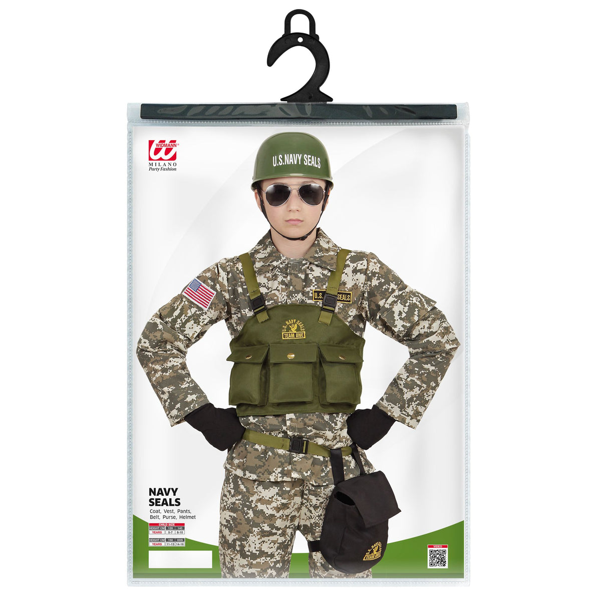 Widmann Navy-SEAL-Kinderkostüm mit Oberteil Weste Hose Gürtel Tasche und Helm – Verpackung