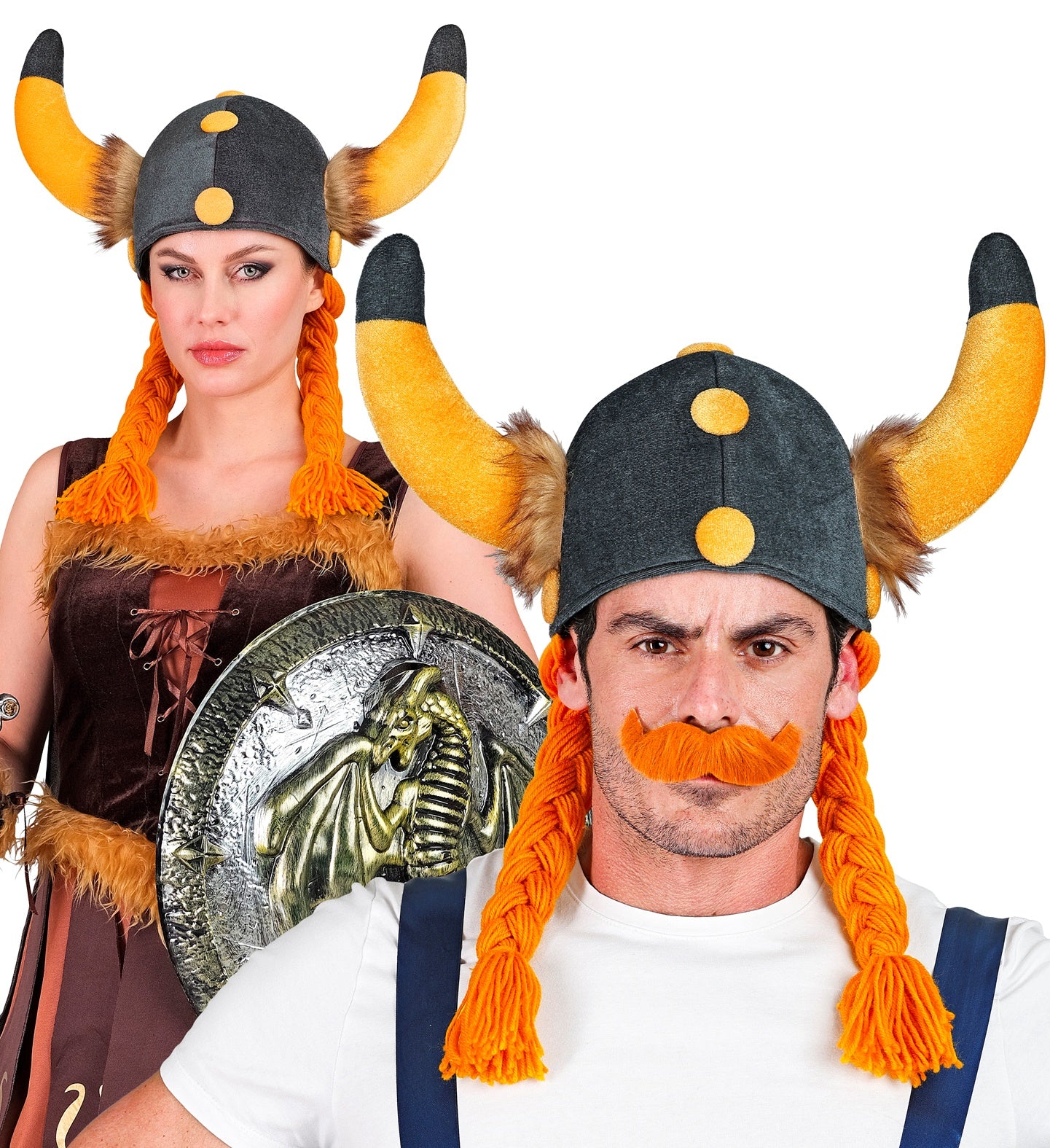 Wikinger Helm aus robustem Kunststoff mit Zöpfen in authentischem Design und integriertem Kinnriemen.