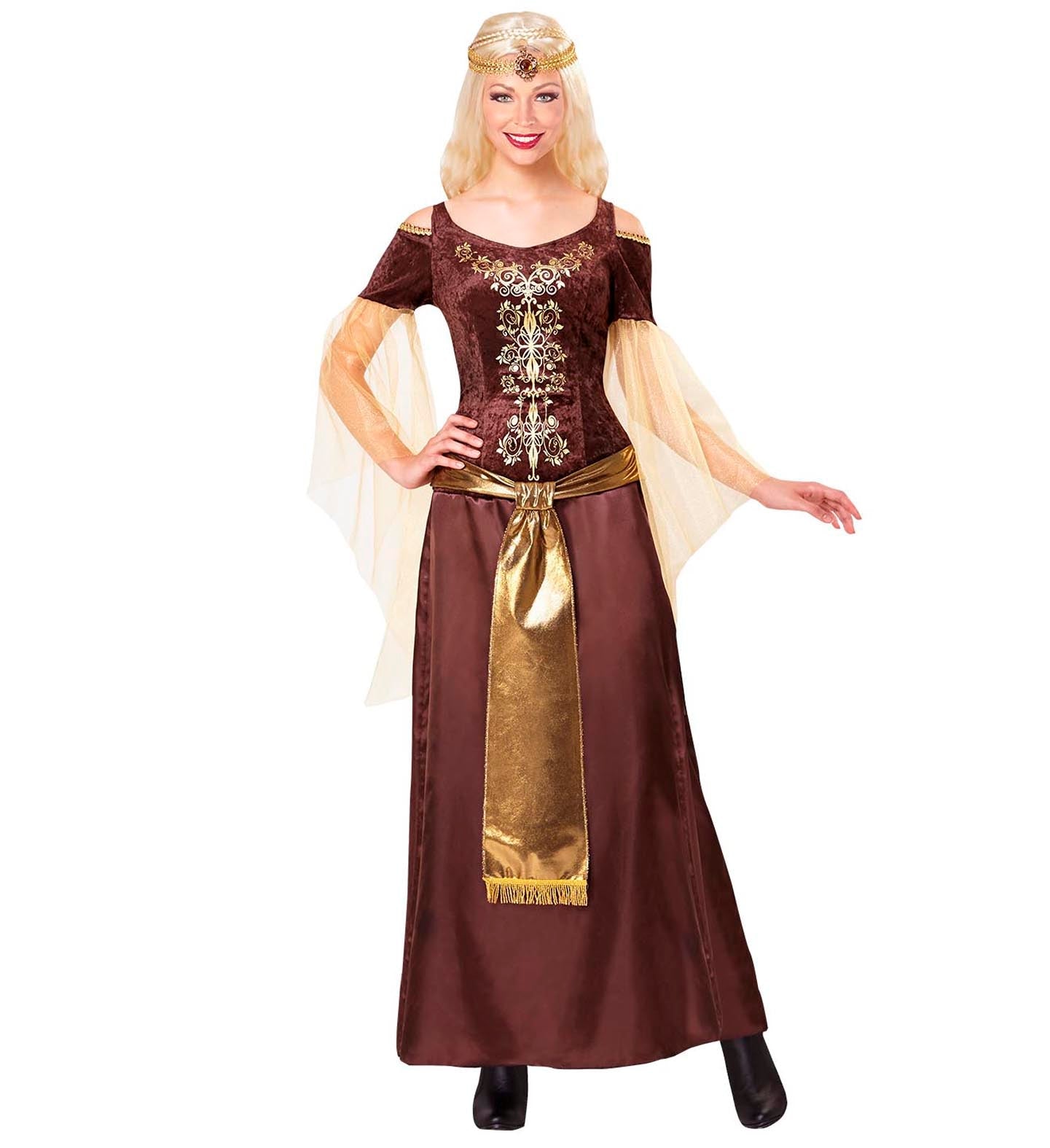 Wikingerin Kostüm für Damen mit braunem Kleid und goldenem Kopfschmuck.