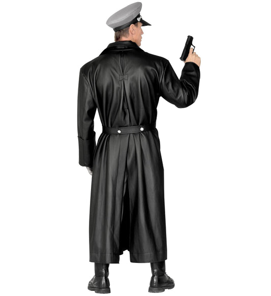 Rear view of a man in a black faux leather WW2 general's coat, peaked cap, and boots, holding a pistol.