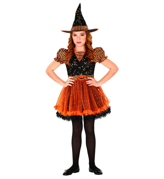 Widmann Mädchenkostüm Hexe – Oranges Polyester Kleid mit Hut - Fasnacht24.ch