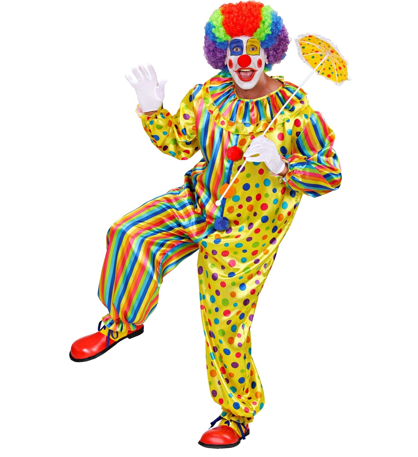 A colorful clown jumpsuit with polka dots, stripes, ruffles, and a yellow parasol.