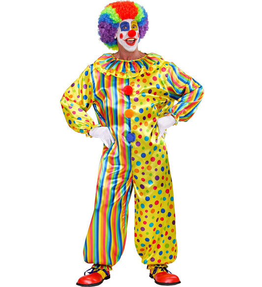 A colorful clown jumpsuit costume with striped and polka-dot patterns for men and women.