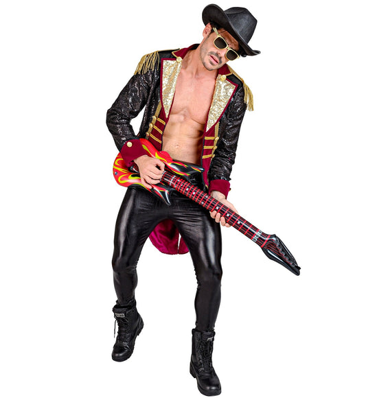 Man in black tailcoat with red and gold accents, holding red guitar, wearing cowboy hat and leather pants.