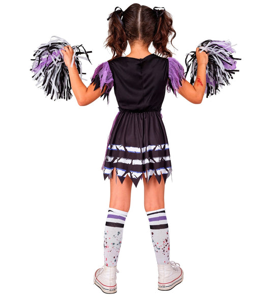 Zombie Cheerleader Kostüm in Schwarz und Rot mit Kleid, Strümpfen und Pompon.