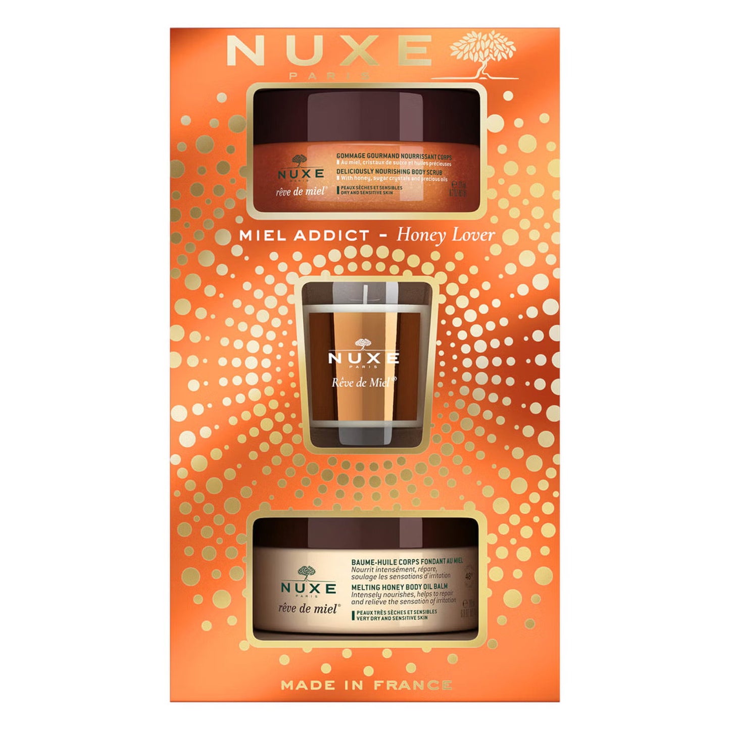 Xmas 2022 Set Nuxe: Reve de Miel Deliciously, Vegan, Calming, Body Scrub, 175 ml + Reve de Miel, Honey, Body Balm, All Over The Body, 200 ml + Reve de Miel, Scented Candle, 70 g