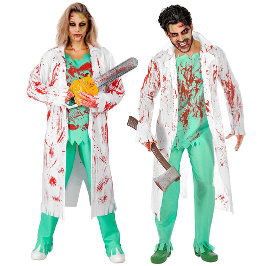 "ZOMBIE CHIRURG" (Laborkittel mit Hemd und Wunde, Hose, blutverschmierte Handschuhe) – Vorderansicht