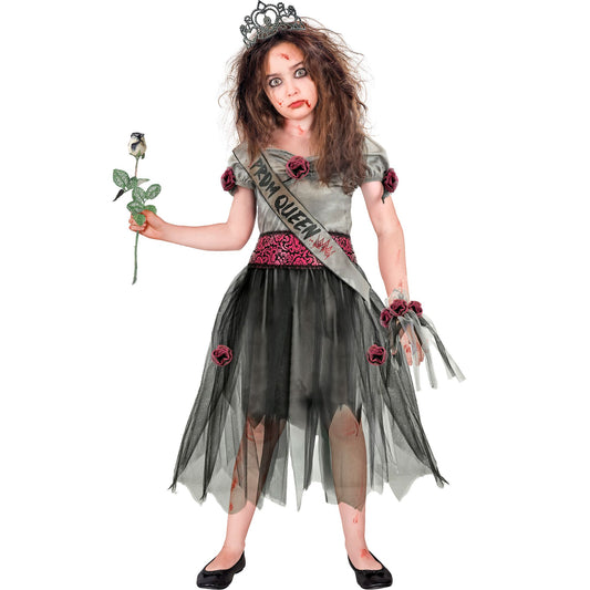 "ZOMBIE SCHÖNHEITSKÖNIGIN" (Kleid, Gürtel, Schärpe, Tiara, Handgelek Corsage) – Vorderansicht