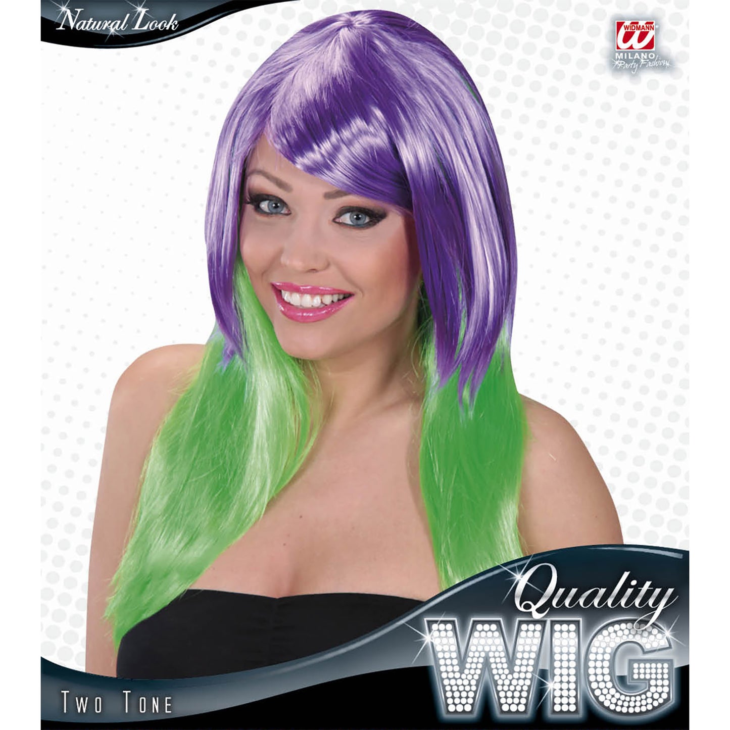 "ZWEIFARBIGE PERÜCKE VIOLETT/GRÜN" in Box – Detailansicht