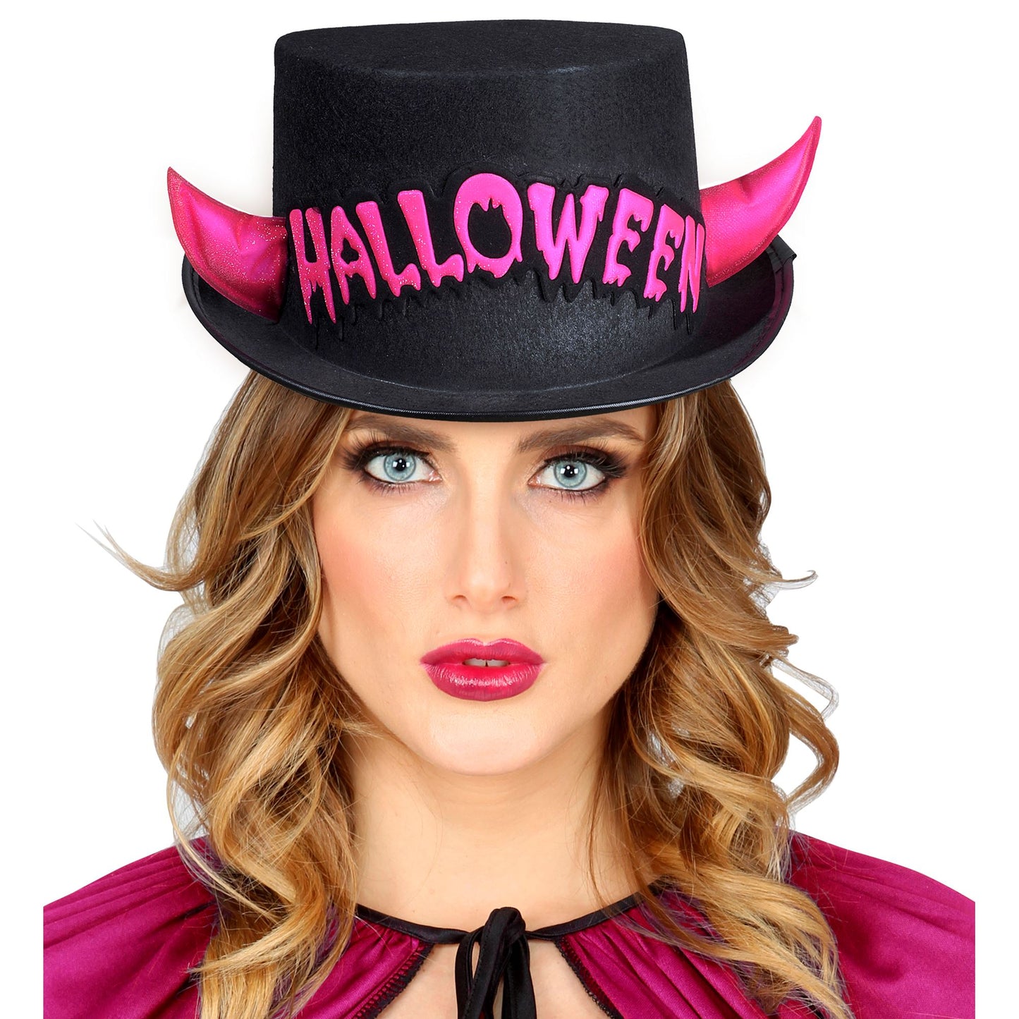 "ZYLINDER HALLOWEEN MIT ROSA REFLEKTIERENDEN HÖRNERN AUS FILZ" 11 cm – Detailansicht