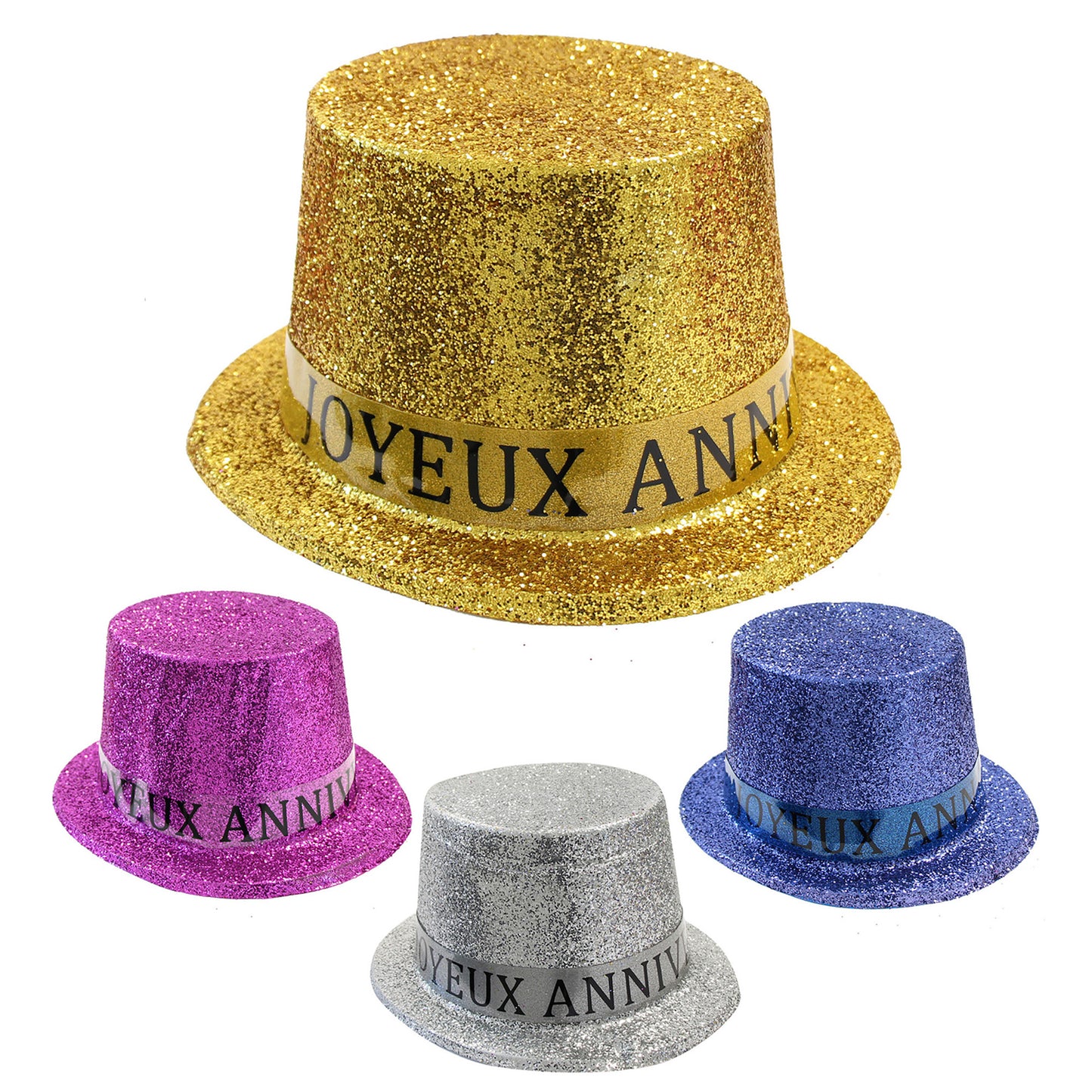 ZYLINDER JOYEUX ANNIVERSAIRE sort.in 4 Farben – Vorderansicht
