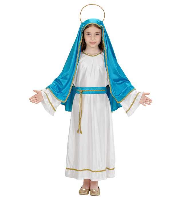 Heilige Maria Kostüm mit weißer Tunika, Gürtel und goldenem Heiligenschein