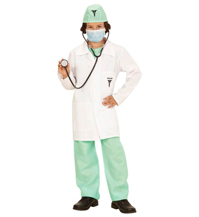 Doktor-Kostüm mit Arztkittel, Hemd, Hose, Hut, Mundschutz und Stethoskop