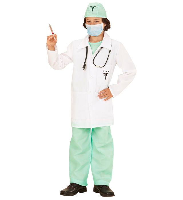 Doktor-Kostüm mit Arztkittel, Hemd, Hose, Hut, Mundschutz und Stethoskop