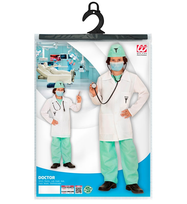 Doktor-Kostüm mit Arztkittel, Hemd, Hose, Hut, Mundschutz und Stethoskop