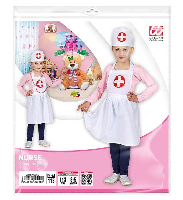 Kind trägt Krankenschwester-Kostüm mit Schürze und Haube für Fasnacht