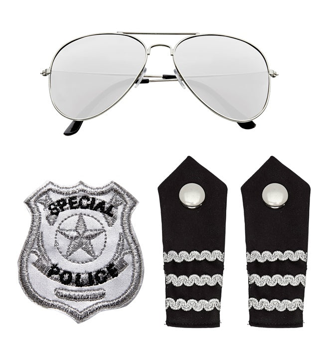 Polizisten Set mit Sonnenbrille, Schulterklappe und Abzeichen als Fasnachtskostüm