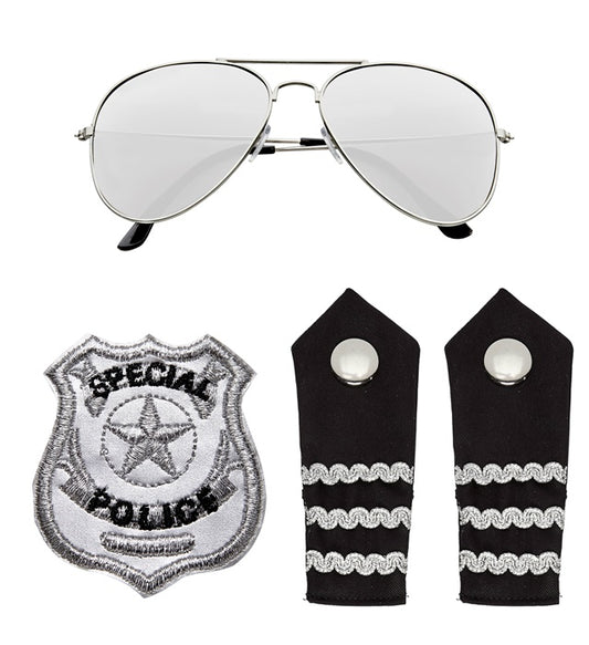 "POLIZISTEN SET" (Sonnenbrille, Schulterklappe, Abzeichen) Diverse Farben