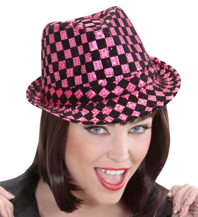 Schachbrettmuster Pailletten Fedora Partyhut in zwei Farben