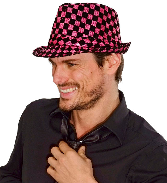 Schachbrettmuster Pailletten Fedora Partyhut in zwei Farben