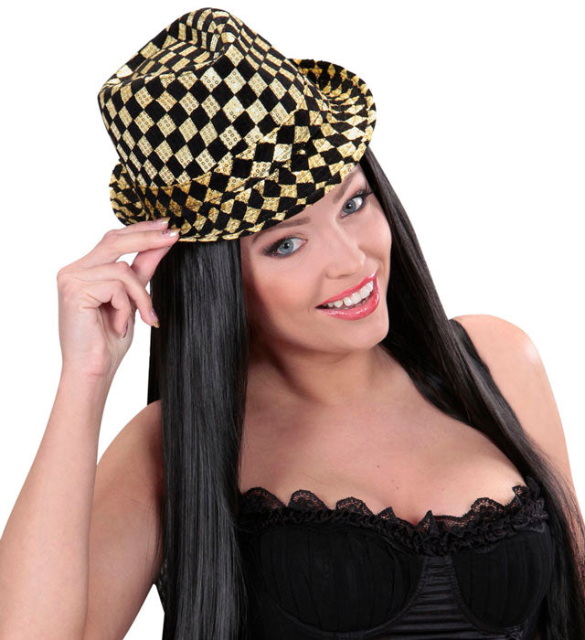 Schachbrettmuster Pailletten Fedora Partyhut in zwei Farben