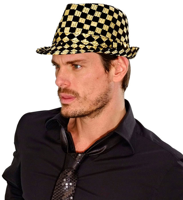 Schachbrettmuster Pailletten Fedora Partyhut in zwei Farben