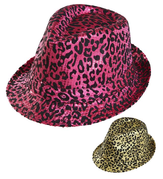 Fedora Hut mit Leopardenmuster und Pailletten in zwei Farben