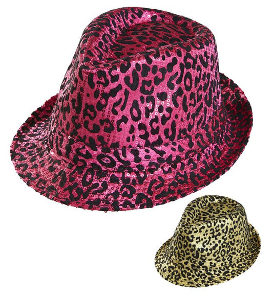 Fedora Hut mit Leopardenmuster und Pailletten in zwei Farben
