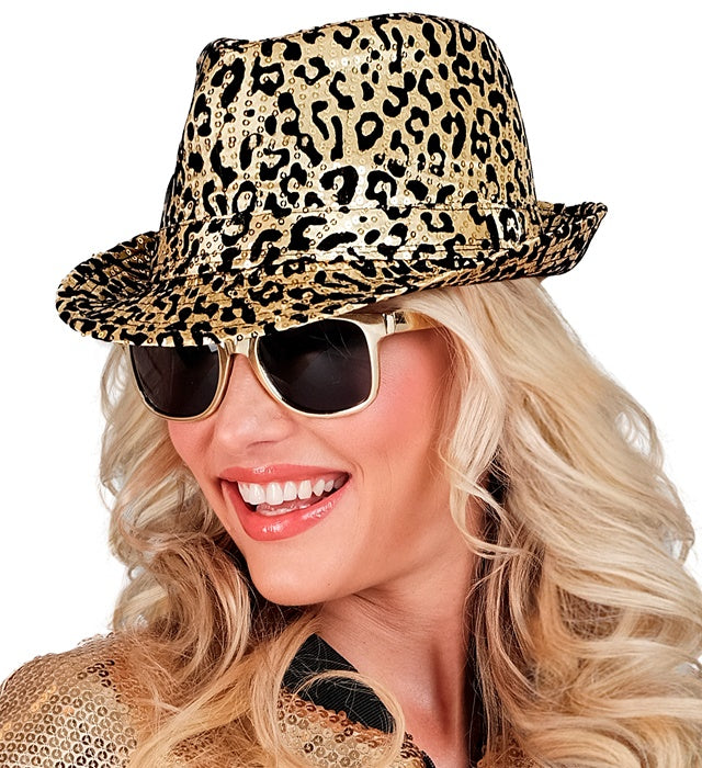 Fedora Hut mit Leopardenmuster und Pailletten in zwei Farben