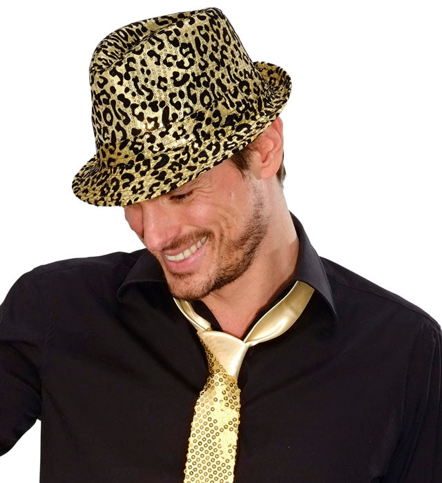 Fedora Hut mit Leopardenmuster und Pailletten in zwei Farben