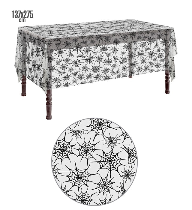 Spinnennetz Tischdecke 137x275 cm mit schwarzem Netzmotiv auf hellem Hintergrund