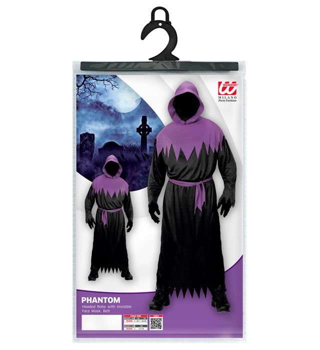 Phantom Kostüm mit schwarzer Robe, Kapuze und Maske mit unsichtbarem Gesicht