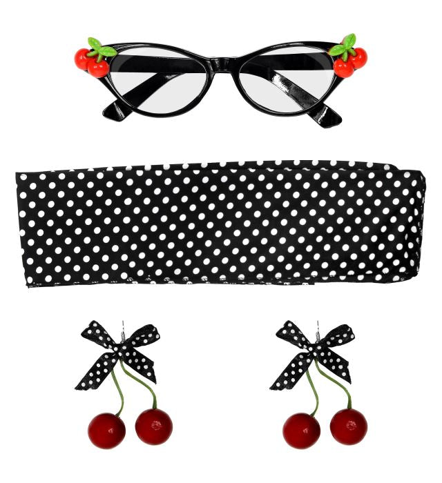 50's Cherry Set mit Brille, Ohrringen und Halstuch im Retro-Stil