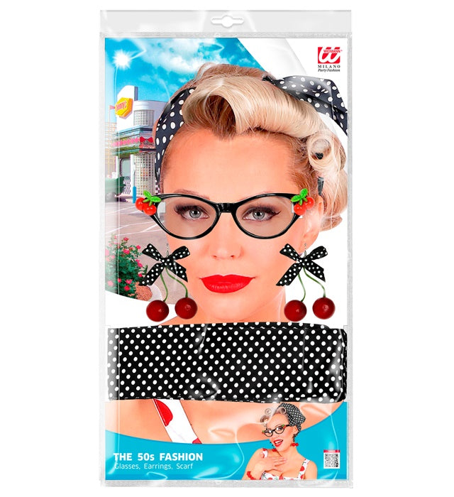 50's Cherry Set mit Brille, Ohrringen und Halstuch im Retro-Stil