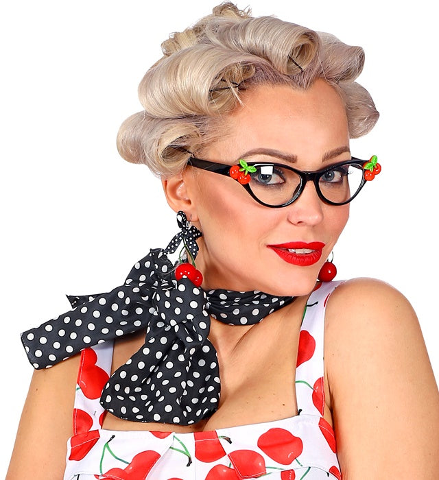 50's Cherry Set mit Brille, Ohrringen und Halstuch im Retro-Stil