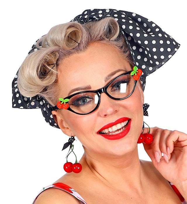 50's Cherry Set mit Brille, Ohrringen und Halstuch im Retro-Stil
