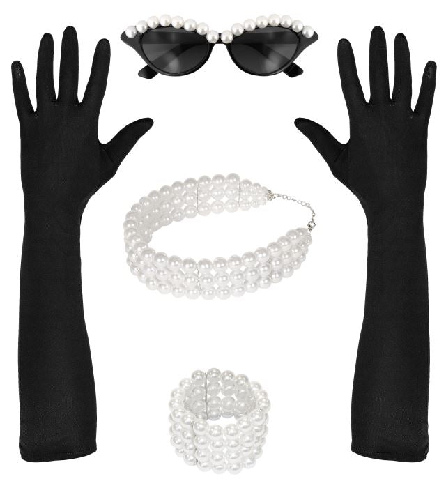 Tiffany Set mit Brille, Handschuhen, Halskette und Armband für Fasnacht