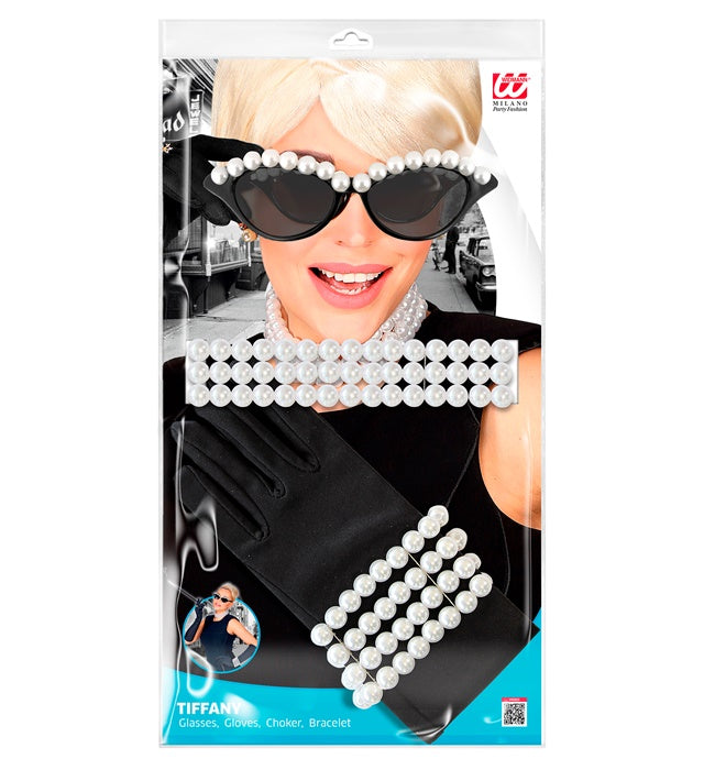 Tiffany Set mit Brille, Handschuhen, Halskette und Armband für Fasnacht