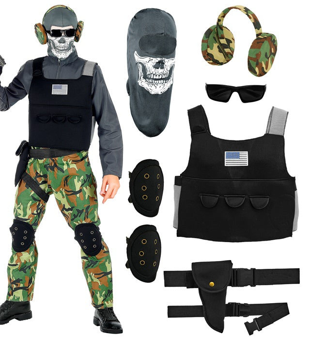 Skelettsoldat Kostüm mit Maske, Brille und Zubehör für Fasnacht