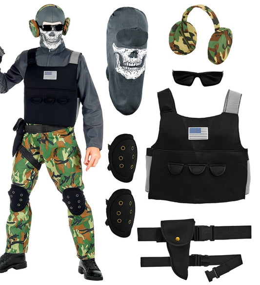 Skelettsoldat Kostüm mit Maske, Weste, Knieschonern und Gürtel auf Fasnacht
