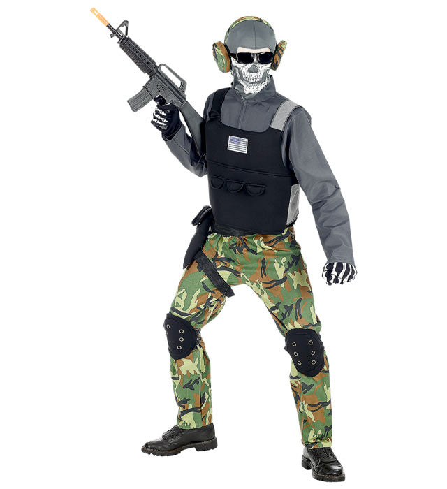 Skelettsoldat Kostüm mit Maske, Weste, Knieschonern und Gürtel auf Fasnacht