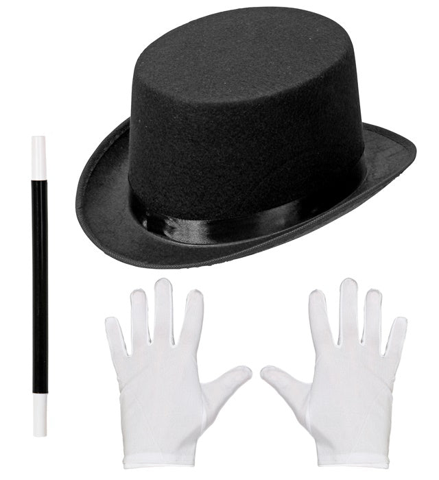 Kindliches Zaubererset mit schwarzem Zylinder, weißen Handschuhen und Zauberstab