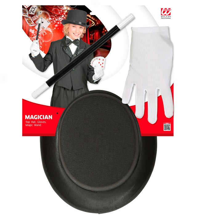 Kindliches Zaubererset mit schwarzem Zylinder, weißen Handschuhen und Zauberstab