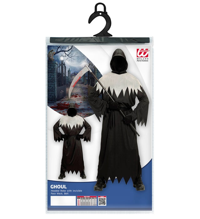 GHOUL Kostüm mit Kapuze und unsichtbarer Gesichtsmaske auf schwarzem Hintergrund