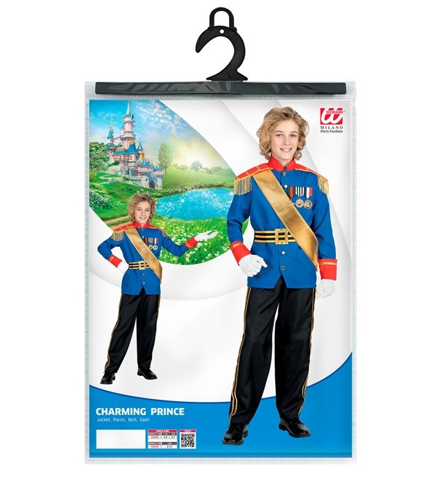 Prinz Charming Kostüm mit Jackett, Hose, Gürtel und Schärpe auf weißem Hintergrund